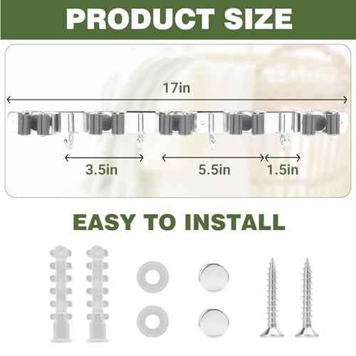 Broom Holder Wall Mount, Broom Organizer Wall Mount Stainless Steel Broom and Mop Hanger Heavy Duty Storage Organization for Home Kitchen Garden Garage Room 5 Racks 4 Hooks (1Pack)(Black Racks)