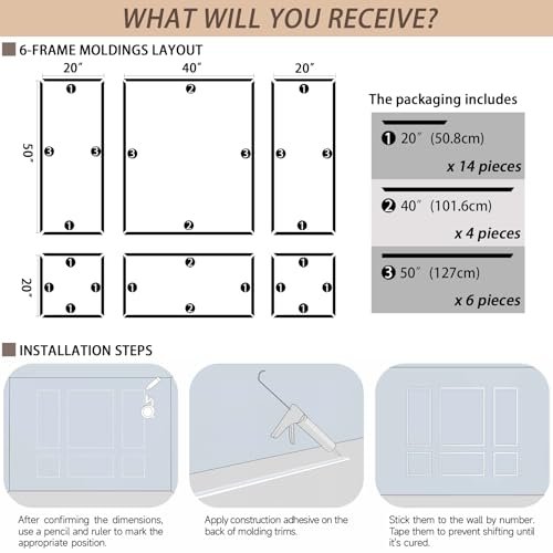 Gaahing 6 Sets Premade Accent Wall Molding Kit, Pre-Cut Wainscoting Panels, Ready to Assemble Chair Rail Moulding for Interior Decoration