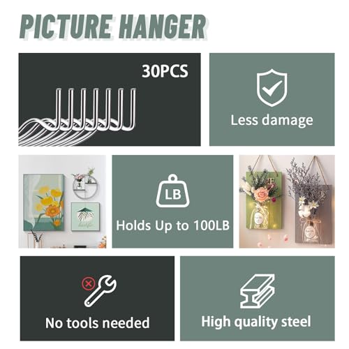 30pcs Silver Wall Picture Hooks Drywall Hangers for Art Mirrors Shelves