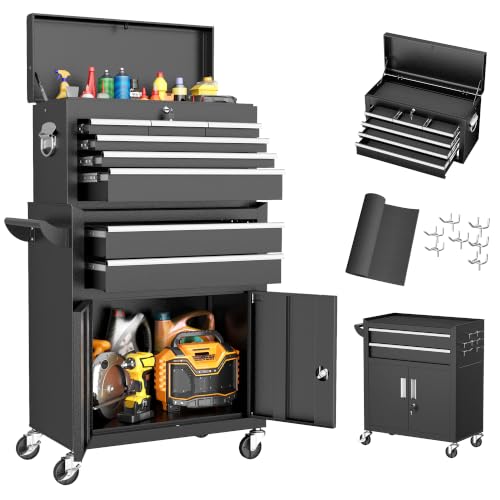 Greenvelly 8-Drawer Rolling Tool Chest with Wheels, Detachable Top, Locking, Black