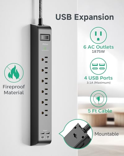 Mifaso 5ft Braided Power Strip Surge Protector with 6 Outlets & 4 USB Ports
