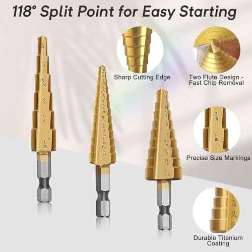Step Drill Bit Set, Step Bits for DIY Projects and Professionals ? Titanium-Coated High-Speed Steel Step Drill Bits for Wood, Metal, and Plastic (3 Pcs)