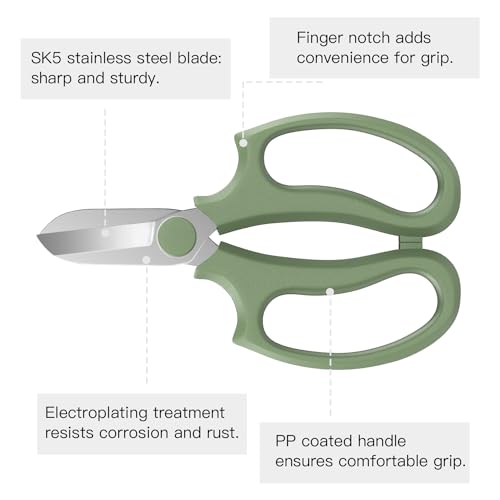 Housolution Flower Scissors, Strong Floral Shears, Premium Steel Garden Pruning Shears Floral Fruits Leaf Scissors Hand Pruner Snip Trimming Tool for Gardening Flower Arrangement, Avocado Green