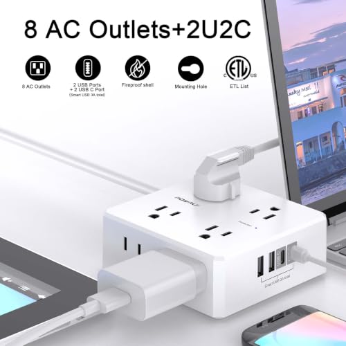 POWRUI 6 Ft White Surge Protector Power Strip with 8 Outlets & 4 USB Ports