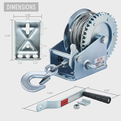 OPENROAD 1600lbs Hand Winch Boat Trailer Winch with 10m Cable - Manual Two-Way Adjustable Towing Winch