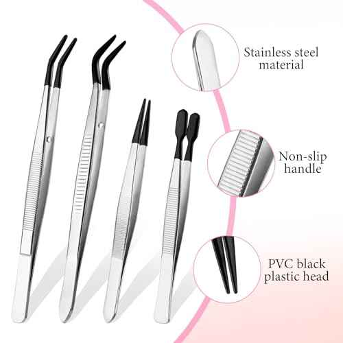 Sibba Tweezers with Rubber Tips 4Pcs PVC Rubber Coated Tweezer Set Jewelry Making Kits PVC Coated Tweezers Set Rubber Straight Tip Tweezers Flat Tip Gripper Reusable Forceps for Crafts Stamps Beads