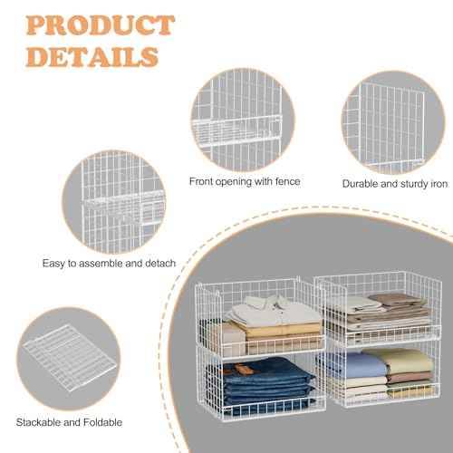 4-Tier Stackable Closet Organizers and Storage Basket, Foldable Closet Shelf Organizer System, Space-Saving Clothes Storage Drawer Organizer for Wardrobe, White (Patent Pending)
