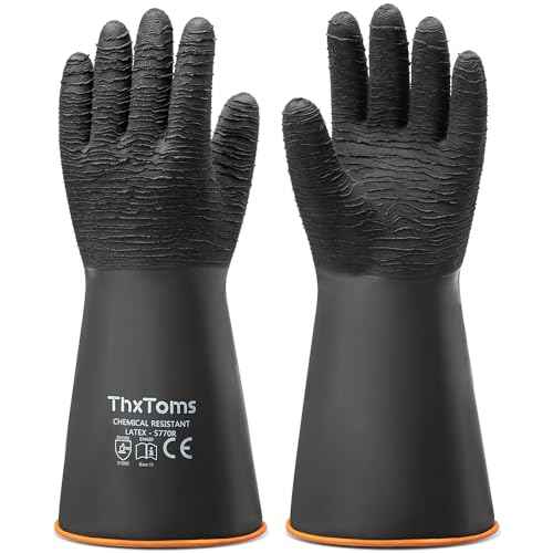 ThxToms Heavy Duty Rubber Gloves, Industrial Chemical Resistant Gloves Waterproof Reusable Protective Work Gloves for Cleaning, Dishwashing,Upgraded with Non-Slip Design, Black, 14" 1 Pair