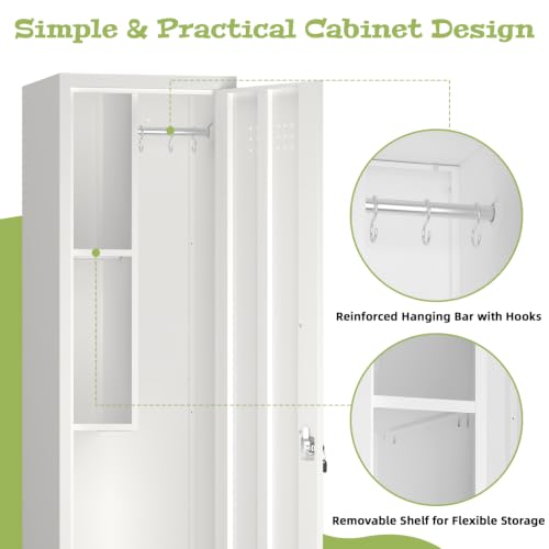 STEELIST 65"H White Slim Locking Cabinet with Shelf & Hanging Rod, 15.75" W