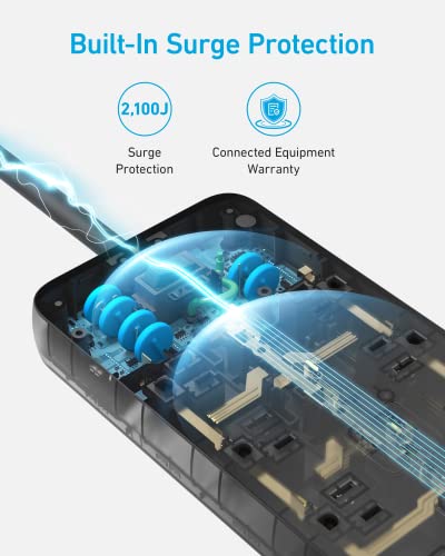 Anker Power Strip with 12 Outlets, 2100J Surge Protector, 20W USB-C, Black, 5 FT Cord