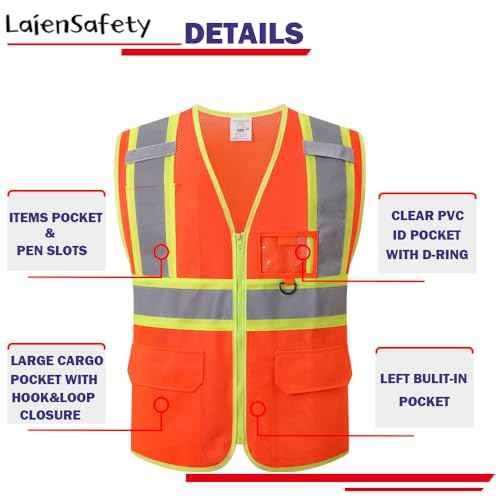 Safety Vest for Men Women,Hi Vis Construction Mesh Class 2 High Visibility Reflective Vest with Pockets,Meets ANSI/ISEA Standards(EK1-178-Orange-M)