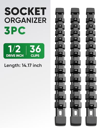 ALOANES 3PC ABS Socket Organizer Set 1/2-Inch Drive Black - Heavy Duty & Removable End Caps
