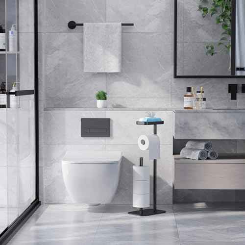 Kitsure Toilet Paper Holder Free Standing ? Rustproof Metal Toilet Paper Stand for 4 Rolls with Anti-Slip Base and Shelf for Phone & Small Items, Bathroom Organizers and Storage, Medium, Black