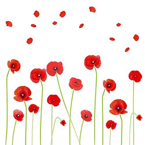 Maydahui 2 Sheets Red Poppy Flower Wall Decals Beautiful Floral Wall Stickers(24x55 Inch) Peel Stick Removable Art Mural Decor for Bedroom Living Room TV Sofa Background