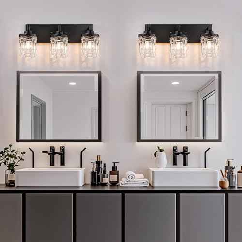 Black Vanity Light, 3 Light Crystal Modern Farmhouse Bathroom Lights, with Clear Glass Shade, Rustic Bathroom Light Fixtures, Black Bathrooms Wall Light Over Mirror for Living Room, Bedroom, Hallway