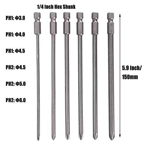6Pcs Long Phillips Screwdriver Bits Set ? 150mm Magnetic No-Slip Phillips Bits, 1/4" Hex Shank S2 Steel Cross Head Screwdriver Bit Set (PH1 PH2)