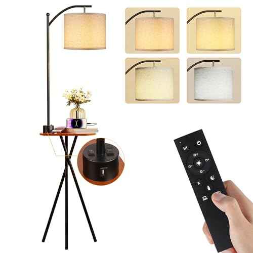 ROTTOGOON Floor Lamp with Table, End Table Lamp with Remote Control and Charging Station(USB A & Type-C & AC Port), 4 Color Temperatures, Floor Lamps for Living Room, Bedroom and Home Office,Black