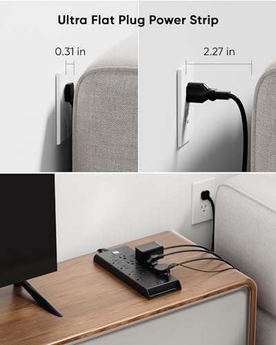 LeZone 16-in-1 Surge Protector Power Strip 4800J, 10Ft Flat Extension Cord, 12 Outlets, 2 USB-C, 2 USB Ports, Wall Mountable, Black, 10FT/12AC+4USB
