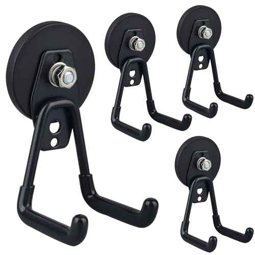 ULIBERMAGNET Heavy Duty Magnetic Garage Hooks,4 Pack Strong Large Magnet Hook for Power Drill,Garden Tools,Hose,Pegboard,Garage, Workshop,Magnetic Storage Hooks for Indoor Outdoor Hanging(Black)