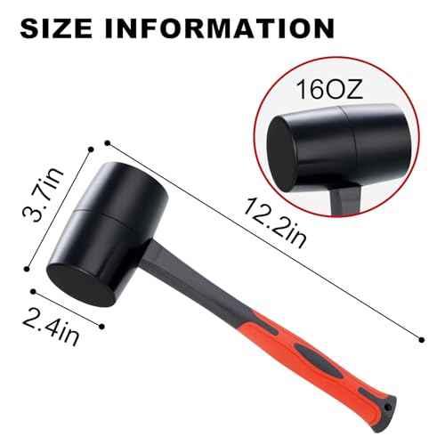 Rubber Mallet 16 oz, Durable Rubber Hammer Head with Fiberglass Handle, Great for Flooring, Tent Stakes, Camp Trips, Woodworking, DIY Projects Home Decoration and Soft Blow Tasks without Damage