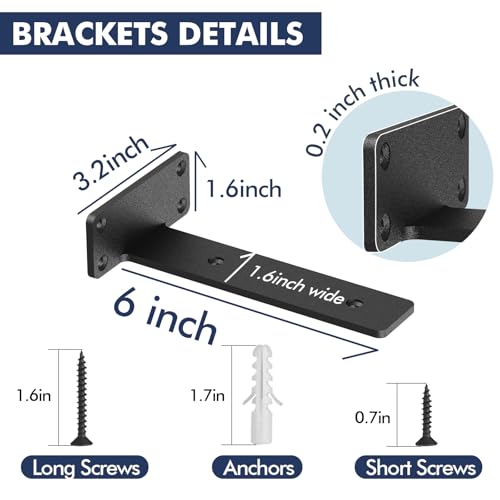 Starunder 6 Inch Floating Shelf Brackets Black 6 Pack - Heavy Duty Wall Supports