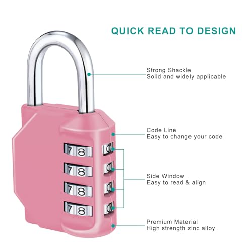 Pink 4-Digit Combination Lock for Gym Lockers, ZHEGE 1P