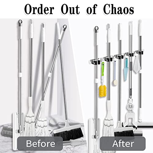 AceMining Wall Mount Broom Holder with 5 Racks & 4 Hooks - Silver Heavy Duty Mop Organizer