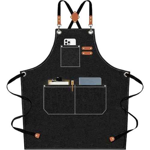 AFUN Chef Aprons for Men Women with Large Pockets, Cotton Canvas Cross Back Heavy Duty Adjustable Work Apron, Size M to XXL (Black)