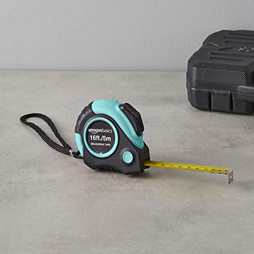 Amazon Basics 16 ft Retractable Tape Measure with Metric & SAE - Turquoise, Model 4.9m