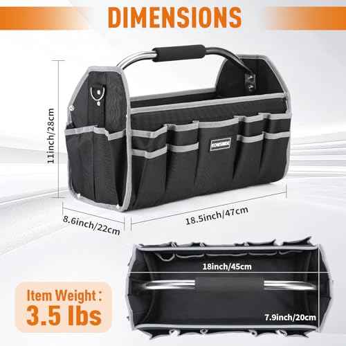 18 Inch Tool Bag, Electrician Tool Bag, Open Top Tool Bags, 26 Pockets Can Hold Many Tools, Steel Handle and Removable Shoulder Strap
