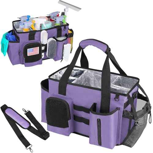 Wearable Cleaning Caddy Bag, Cleaning Organizer with Handles, Cleaning Supply Tote with Adjustable Shoulder Strap for Cleaners & Housekeeper (Purple, 13.4'' x 7.3'' x 9.3'')