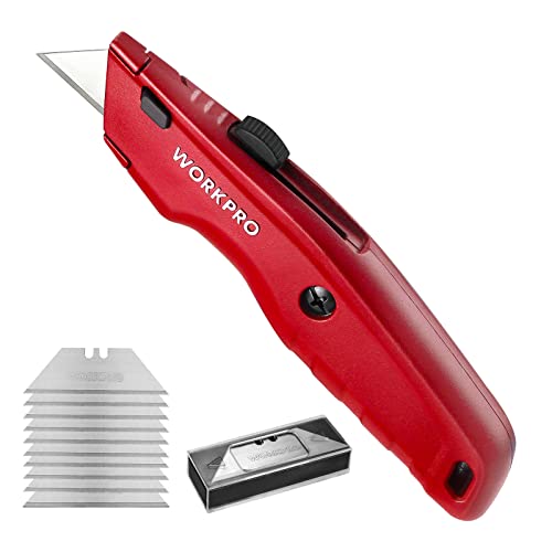 WORKPRO Red Utility Knife with Retractable Blade, Heavy Duty Box Cutter, 10 Extra Blades