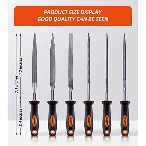 7'' Needle File Set - Carbon Steel 6-Piece With Handles, Hardened Alloy Strength Steel - Includes Flat, Flat Warding, Square, Triangular, Round, and Half-Round Files