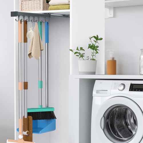 Pull Out Broom Holder, Multifunctional Slide Broom And Mop Storage/Organizer With Adjustable Double Row Sliding Hook, Garage Organization Hooks, for Closet Laundry Garage - Dark grey - 36cm