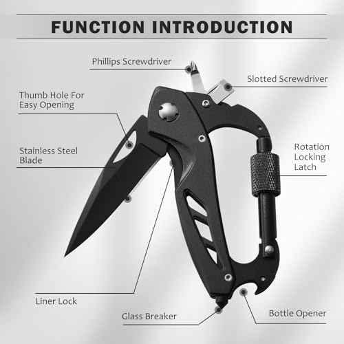 Multitool Carabiner with Pocket Knife, 6-in-1 Multi Tools with Window Breaker, Bottle Opener and Screwdriver,Camping and Mountaineering Survival Equipment, Christmas Gifts for Men and Women