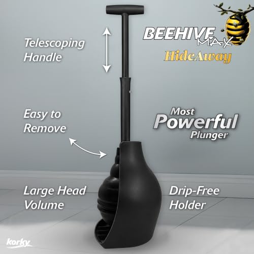 Korky BeehiveMAX Toilet Plunger & Holder in Black - Fits All Toilets