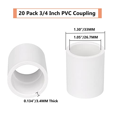 Lswteiz 3/4 Inch PVC Pipe Coupling Adapter Socket x Socket - Heavy Duty, White, 20 Pack