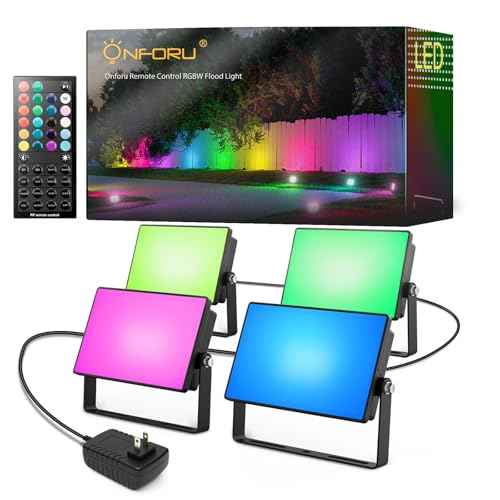 Onforu RGBW Flood Lights Outdoor Remote Control, Color Changing LED Landscape Lights, IP65 Waterproof Uplights for Events, Uplighting for Halloween Christmas Garden Yard Party, Wired 4 Pack 40W