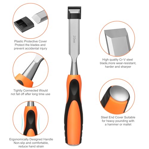 4 Piece Wood Chisel Sets Woodworking Tools Set, Wood Chisels for Woodworking with Steel Hammer End, Wood Tools Chisel Set Woodworking with Ergonomic Plastic Handle