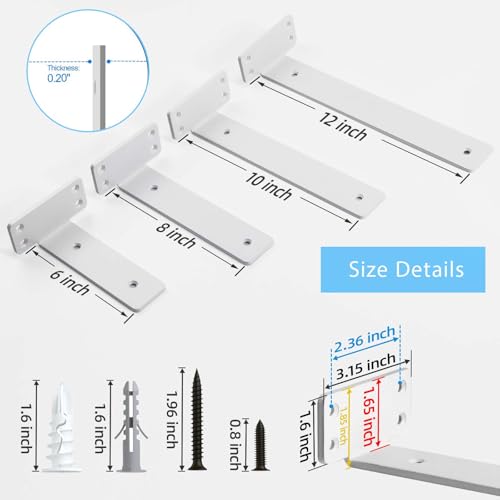 WEKIS 6 Inch Floating Shelf Brackets White - Heavy Duty Metal Support 6 Pack