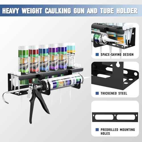 Caulking Gun and Tube Holder, Siligun Caulking Gun Rack, Caulk Tube Storage Organizer and Wall Mount Silicone Caulking Tools for Garage Workshop, Work Van, Service Truck (Black)
