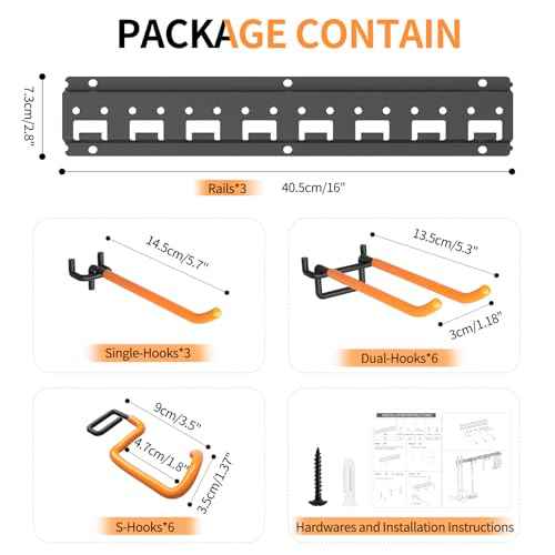 Garden Tool Organizer Wall Mount - Garage Storage and Organization Yard Tool Hanger with Adjustable Pegboard Hooks Shed Rack for Broom Mop Shovel Rake Trimmers, 48 inch Max 550lbs, Black