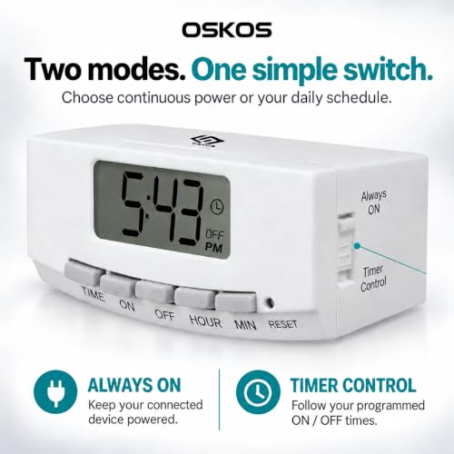 OSKOS 2-Pack Indoor Digital Timer with Large Screen & Polarized Plug, 15A/1875W