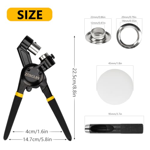 Heavy Duty Grommet Tool Kit with 1/2 Inch Die - 300 Sets of 12MM Grommets, Handheld Rivet Punch for Leather Canvas Fabric, Ergonomic Design, Magnetic Die