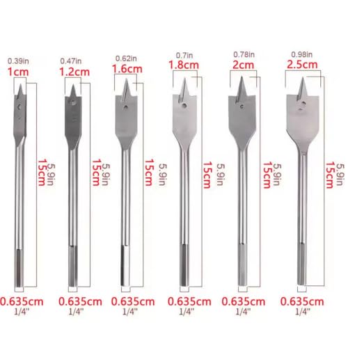 6PCS Spade Drill Bit Set Paddle Flat Bits, 3/8"-1",Hex Shank Quick Change Wood Drill Bit Set,Flat Wood Hole Cutter
