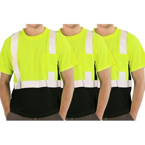 FATONE Hi Vis T Shirt Class 2 High Visibility Safety Shirts for Men Breathable Construction Work Mesh Short Sleeve with Pocket, 3PCS, Black Bottom Yellow L
