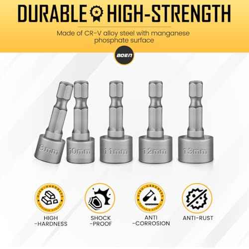 BOEN 9-Piece Power Nuts Driver Set, Metric Hex Shank (5-13mm), Impact Driver Bit Set, 1/4" Quick Change, Chrome Vanadium Steel