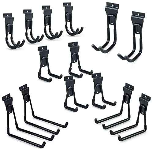Slatwall Hooks, Slat Wall Accessories Multi Size Garage Hooks Storage Utility Hanging Hooks Wall Mount Tool Holder for Ladder Garden Tools (14 Pack, Black)