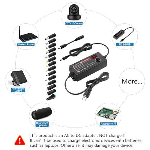 SHNITPWR Adjustable 3V-24V 3A DC Power Supply with 14 Tips - Black
