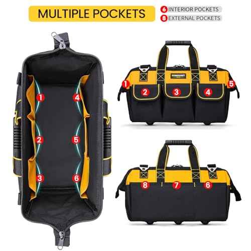 Tool Bag, 18-inch Wide Mouth Tool Organisers, 600 Denier Large Tool Bag for Home DIY & Equipment Storage, Yellow and Black